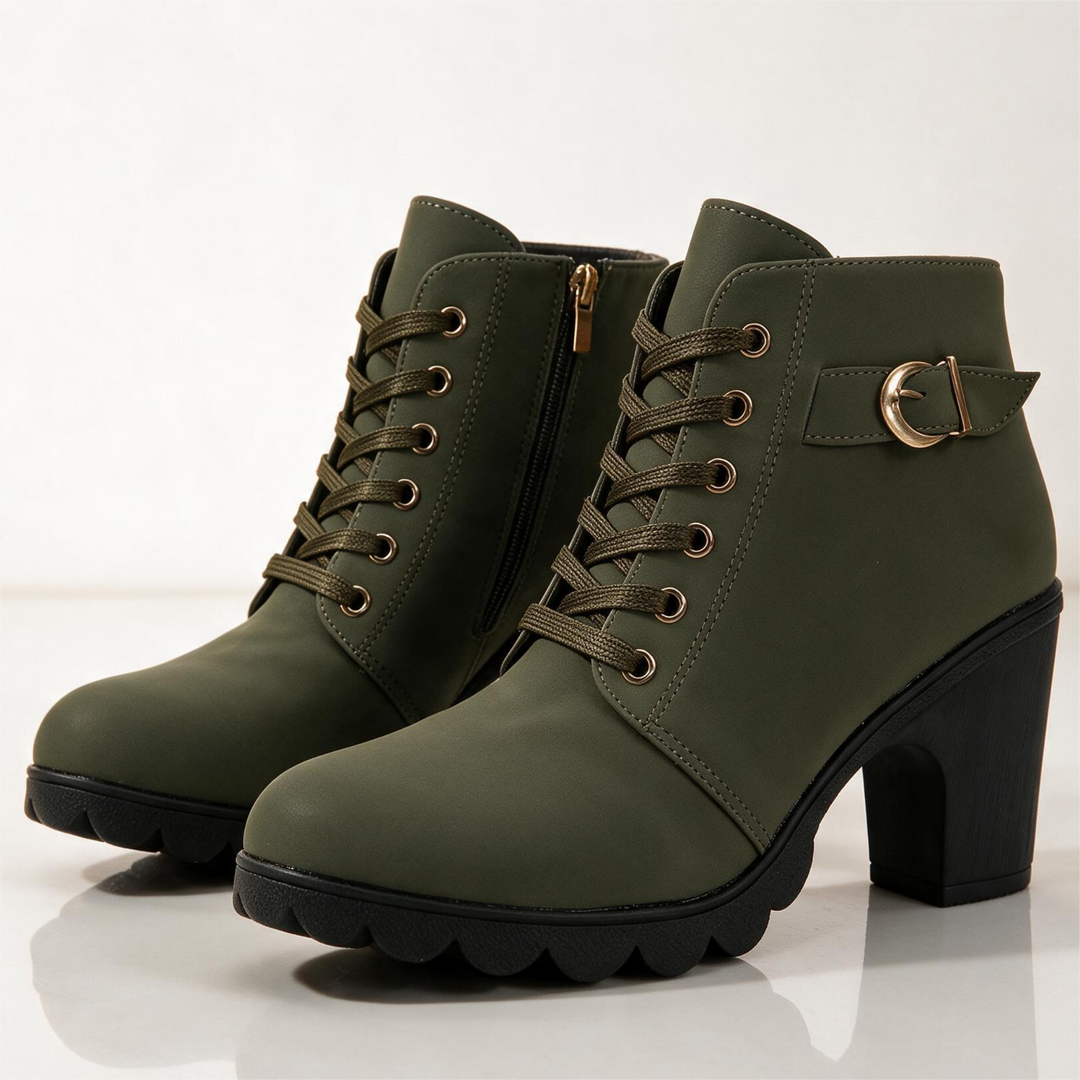 Lace-up ankle boots with buckle straps, side zippers and high block heels