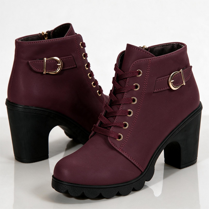 Lace-up ankle boots with buckle straps, side zippers and high block heels