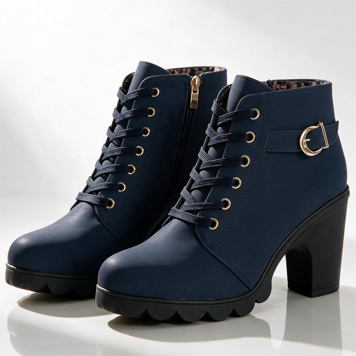 Lace-up ankle boots with buckle straps, side zippers and high block heels