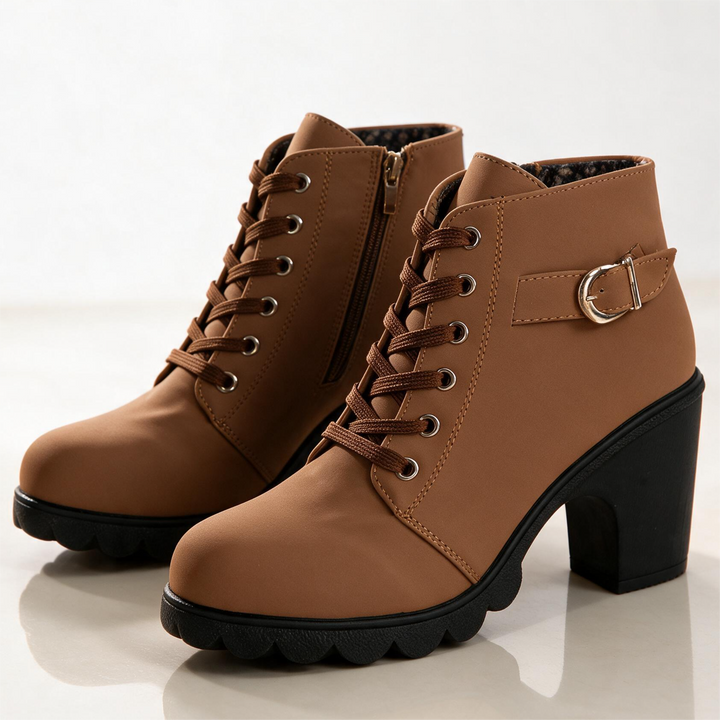 Lace-up ankle boots with buckle straps, side zippers and high block heels