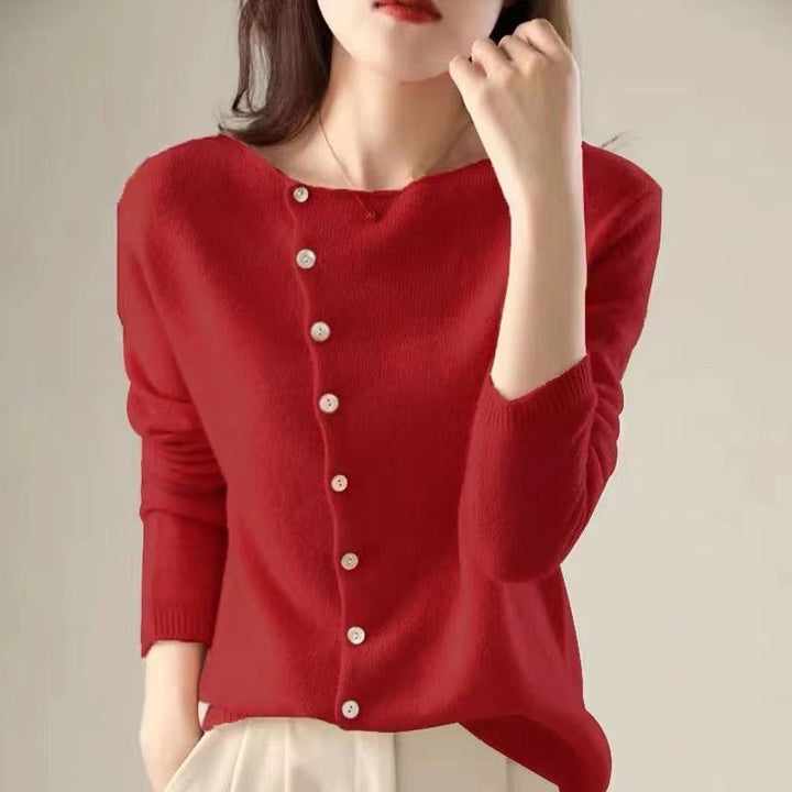 Women's long sleeve button cardigan with crew neckline and ribbed trim