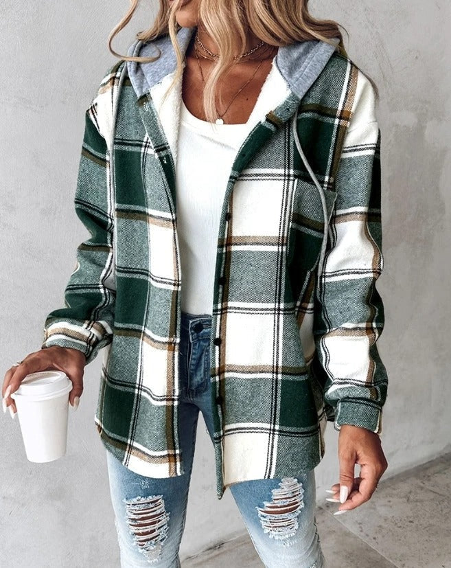 Women's checked hooded jacket with button front and long sleeves