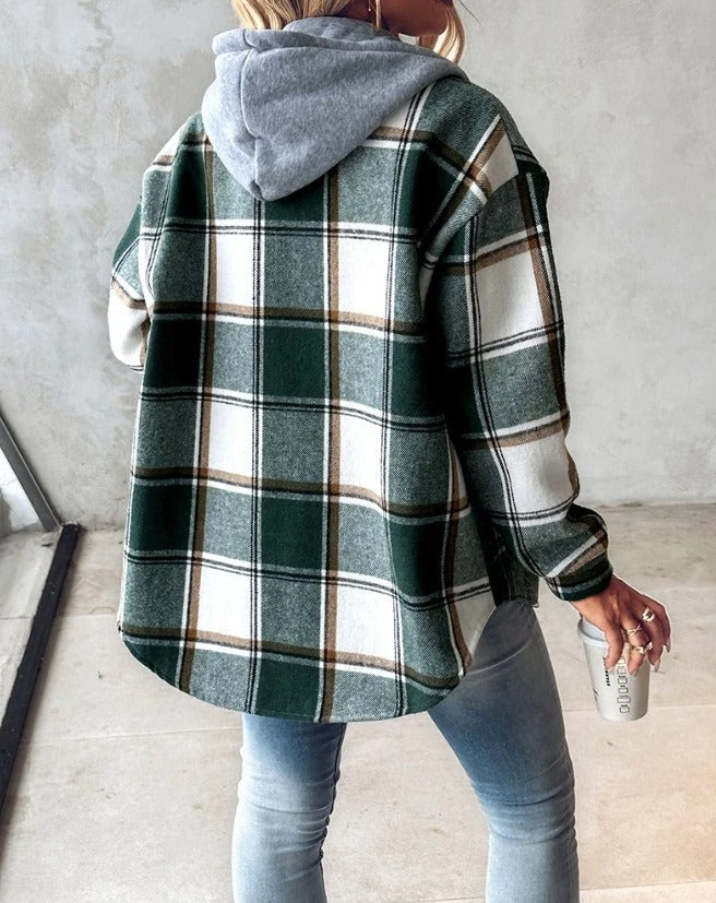 Women's checked hooded jacket with button front and long sleeves