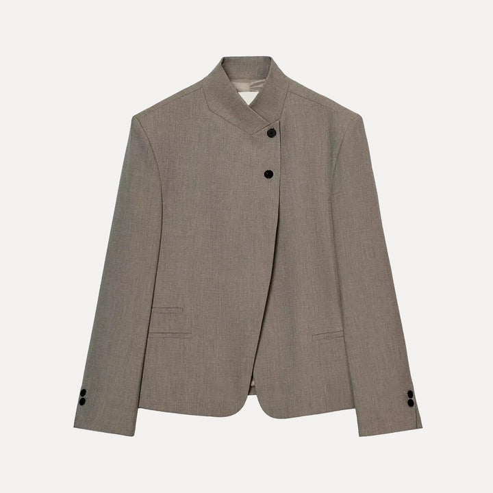 Women's structured blazer with mandarin collar, button front, long sleeves and welt pockets