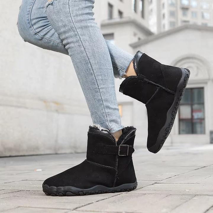 Winter barefoot ankle boots with buckle straps, flat soles and plush lining