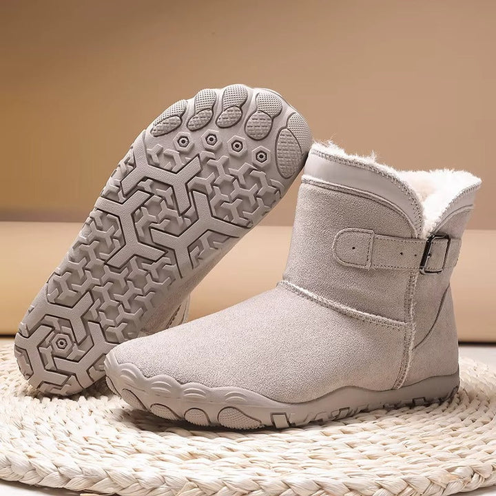 Winter barefoot ankle boots with buckle straps, flat soles and plush lining
