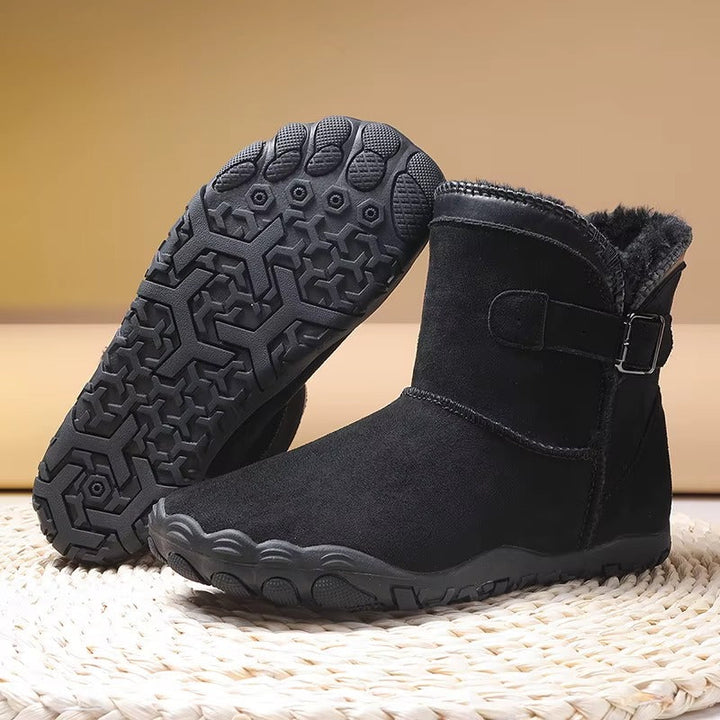 Winter barefoot ankle boots with buckle straps, flat soles and plush lining