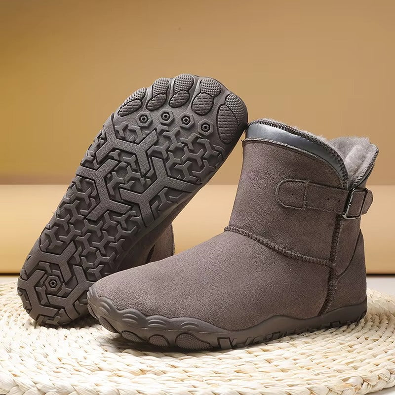 Winter barefoot ankle boots with buckle straps, flat soles and plush lining