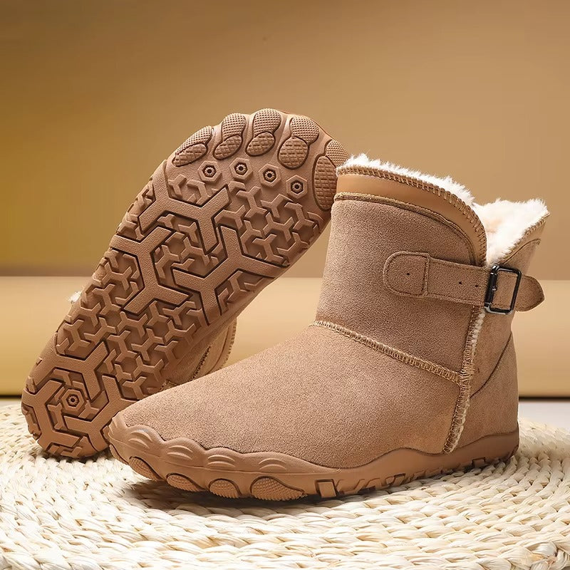 Winter barefoot ankle boots with buckle straps, flat soles and plush lining