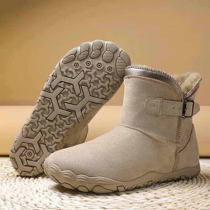 Winter barefoot ankle boots with buckle straps, flat soles and plush lining