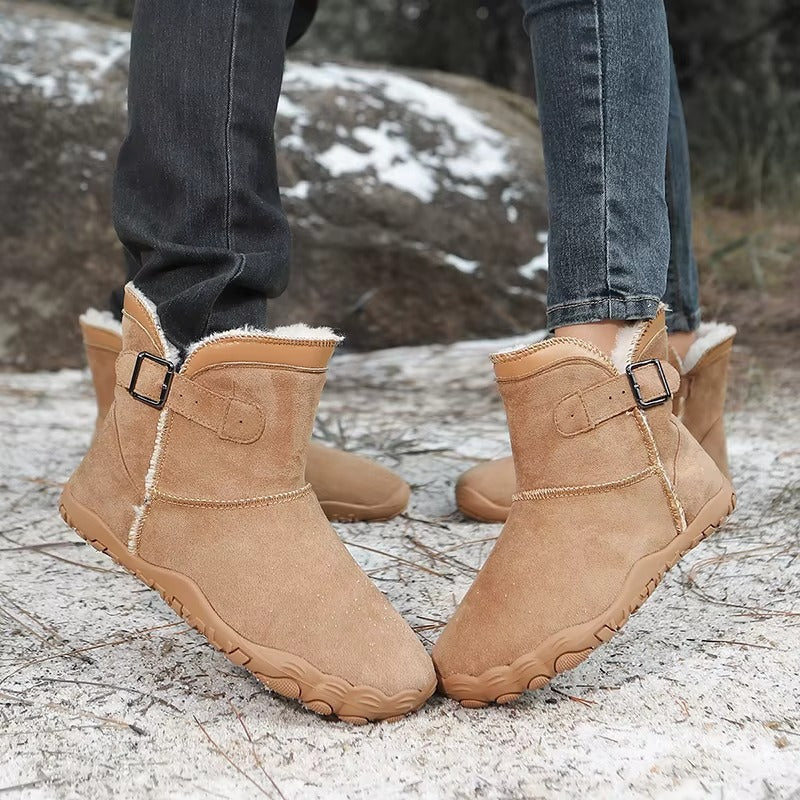 Winter barefoot ankle boots with buckle straps, flat soles and plush lining
