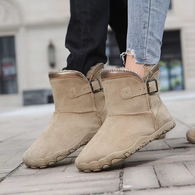 Winter barefoot ankle boots with buckle straps, flat soles and plush lining