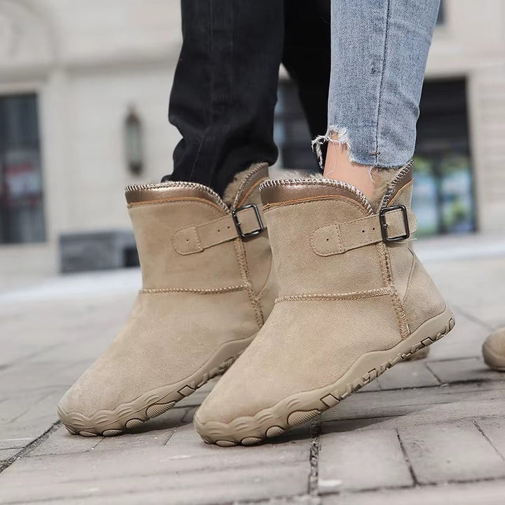 Winter barefoot ankle boots with buckle straps, flat soles and plush lining
