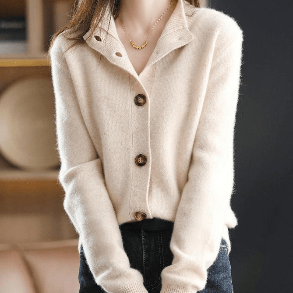 Women's relaxed button front cardigan with long sleeves and ribbed collar