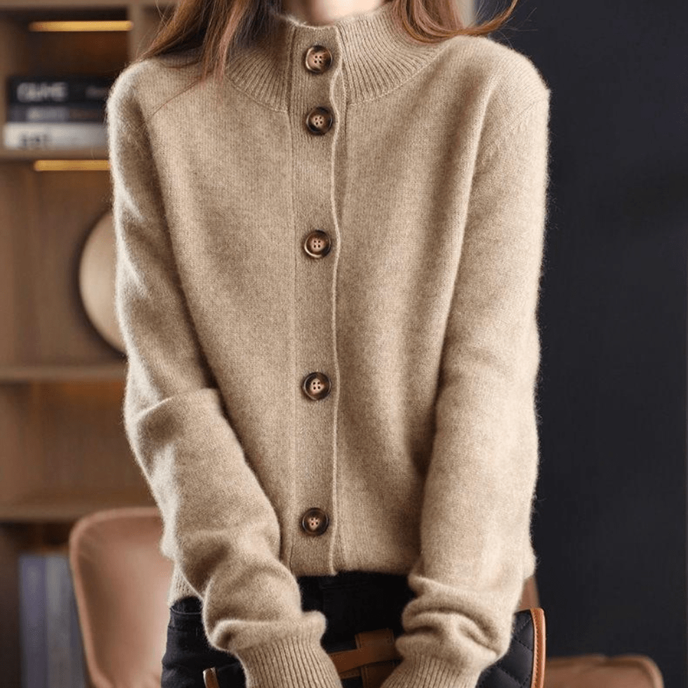 Women's relaxed button front cardigan with long sleeves and ribbed collar