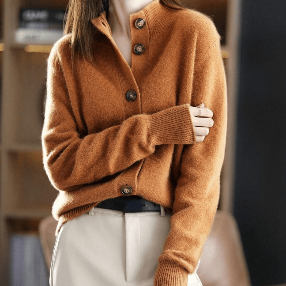 Women's relaxed button front cardigan with long sleeves and ribbed collar