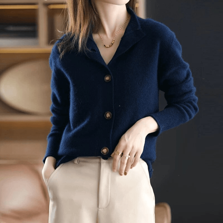 Women's relaxed button front cardigan with long sleeves and ribbed collar