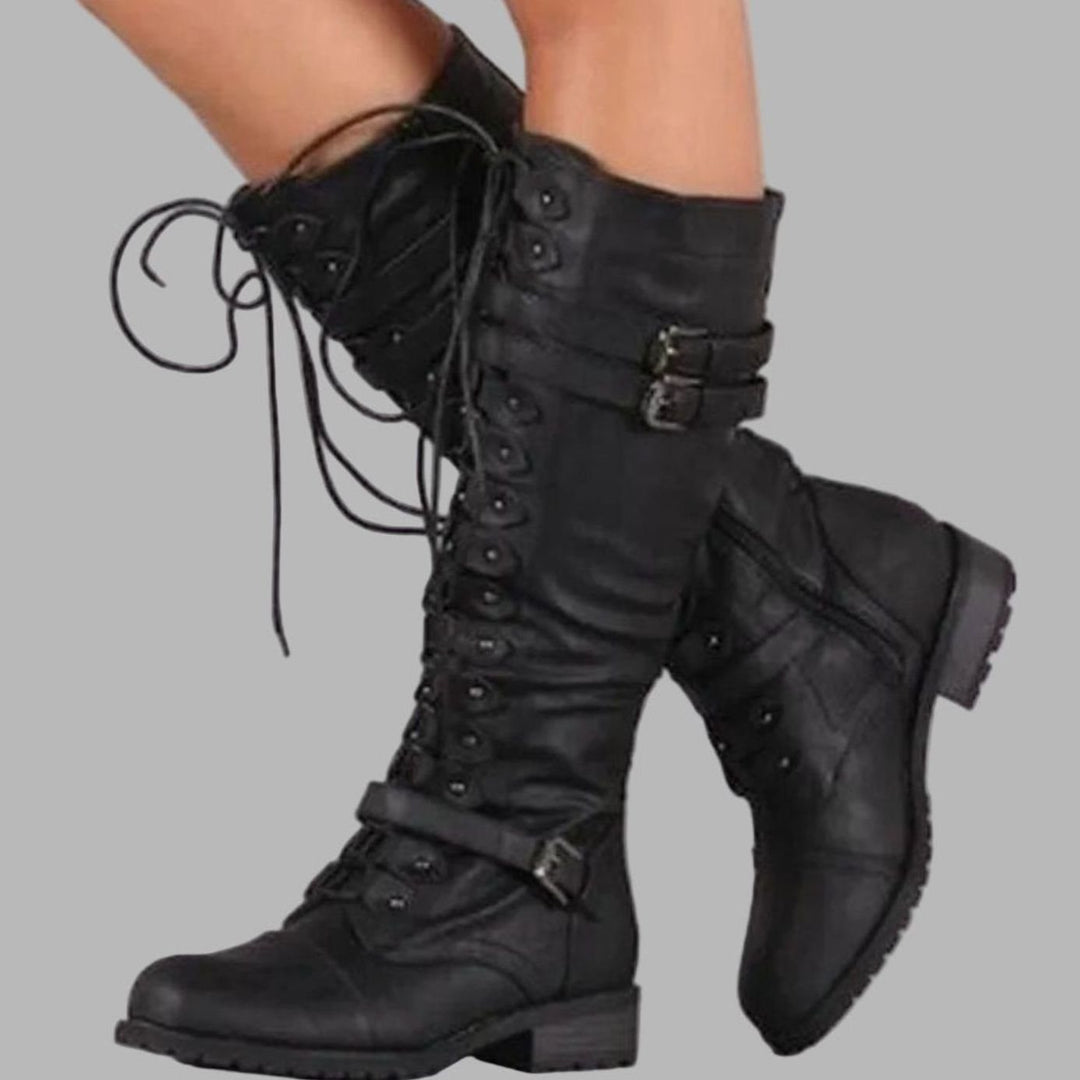 Marcella | Women's Knee-High Lace-Up Buckle Strap Combat Boots