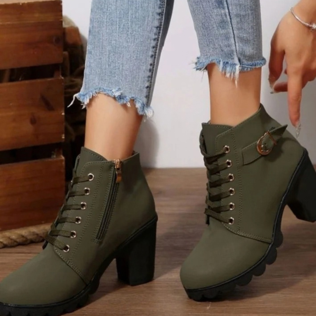Women's lace-up ankle boots with buckle detail and high block heel