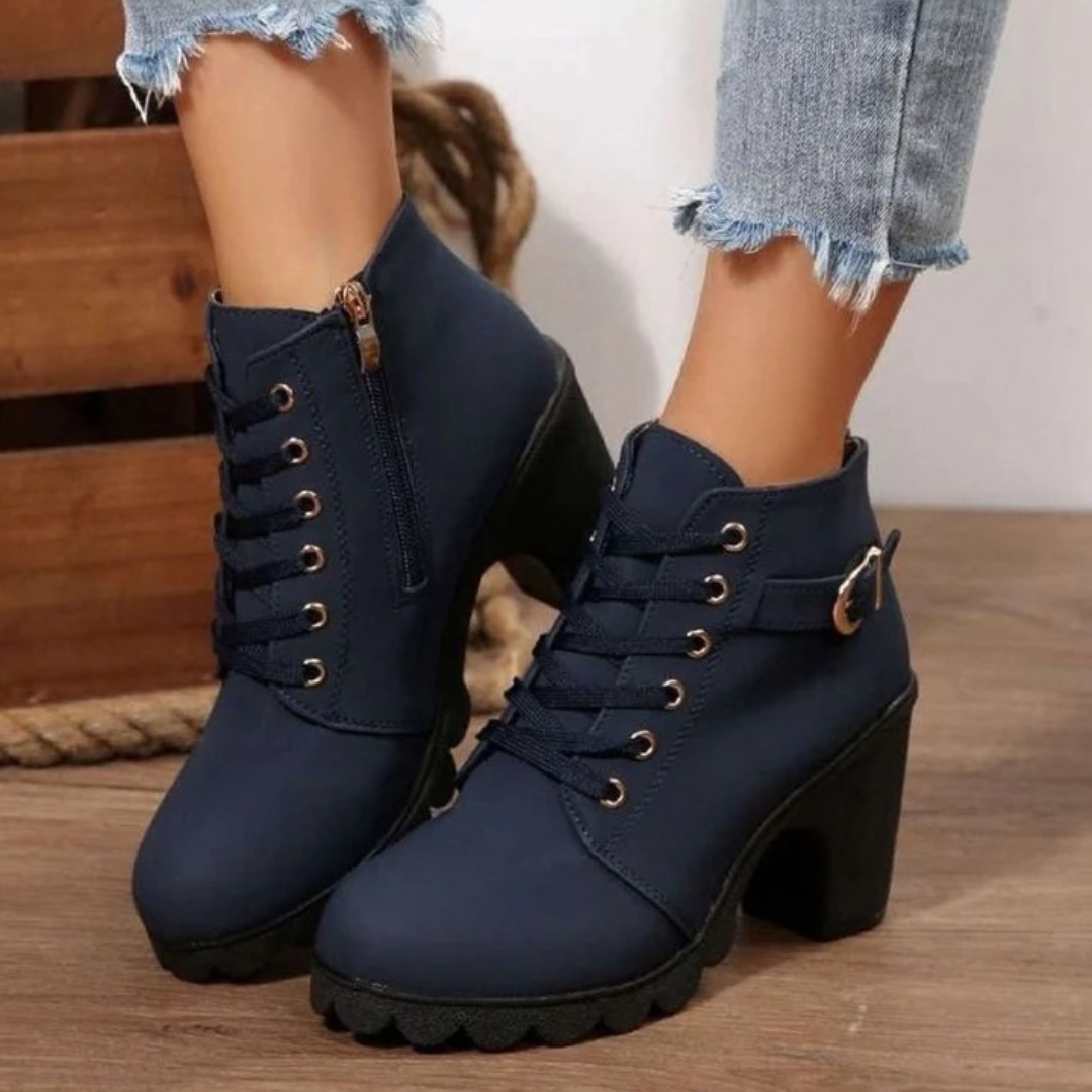 Women's lace-up ankle boots with buckle detail and high block heel