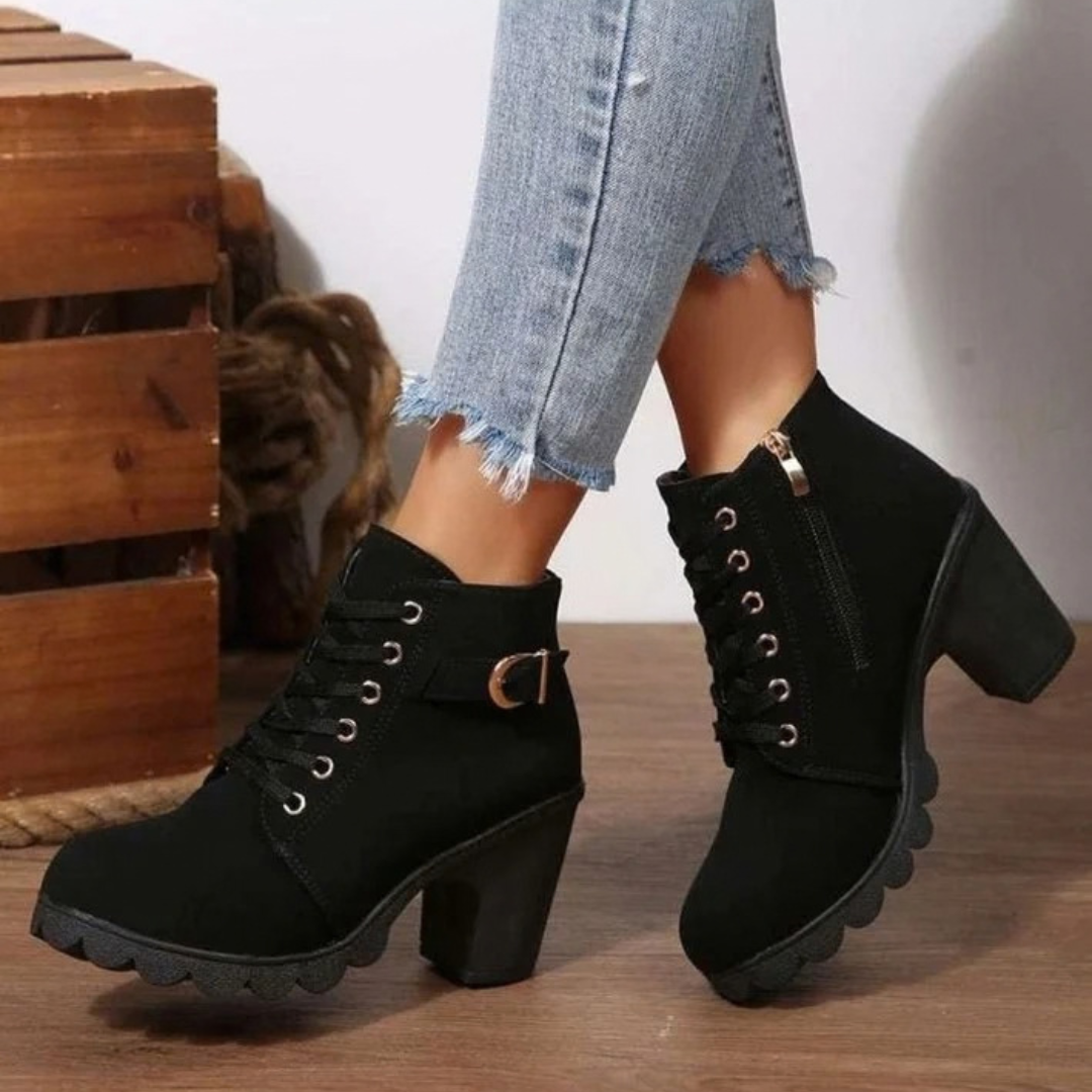 Women's lace-up ankle boots with buckle detail and high block heel