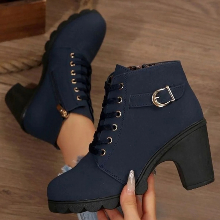 Women's lace-up ankle boots with buckle detail and high block heel
