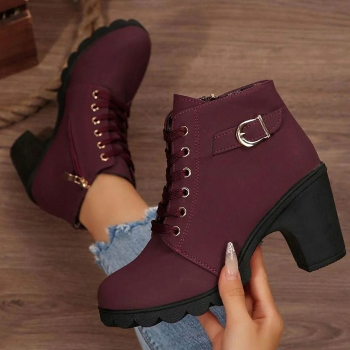 Women's lace-up ankle boots with buckle detail and high block heel