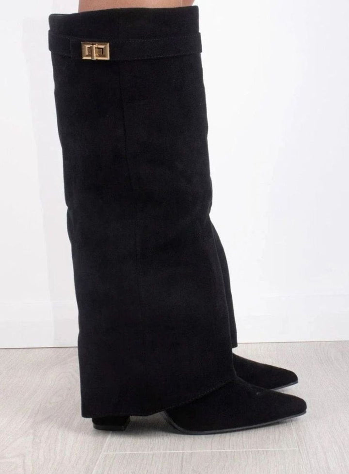 Marina | Women's Suede Thigh-High Boots Gold Buckle Pointed Toe