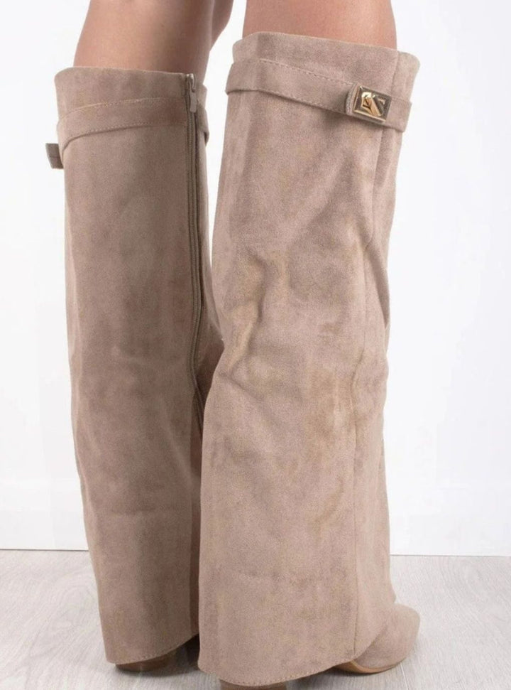 Marina | Women's Suede Thigh-High Boots Gold Buckle Pointed Toe