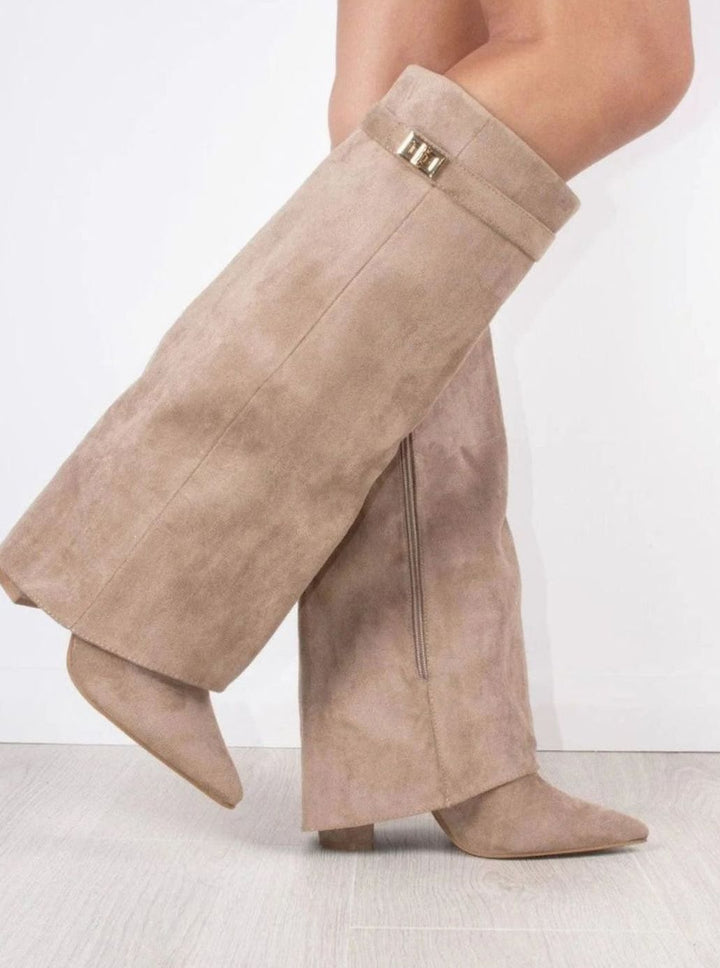 Marina | Women's Suede Thigh-High Boots Gold Buckle Pointed Toe
