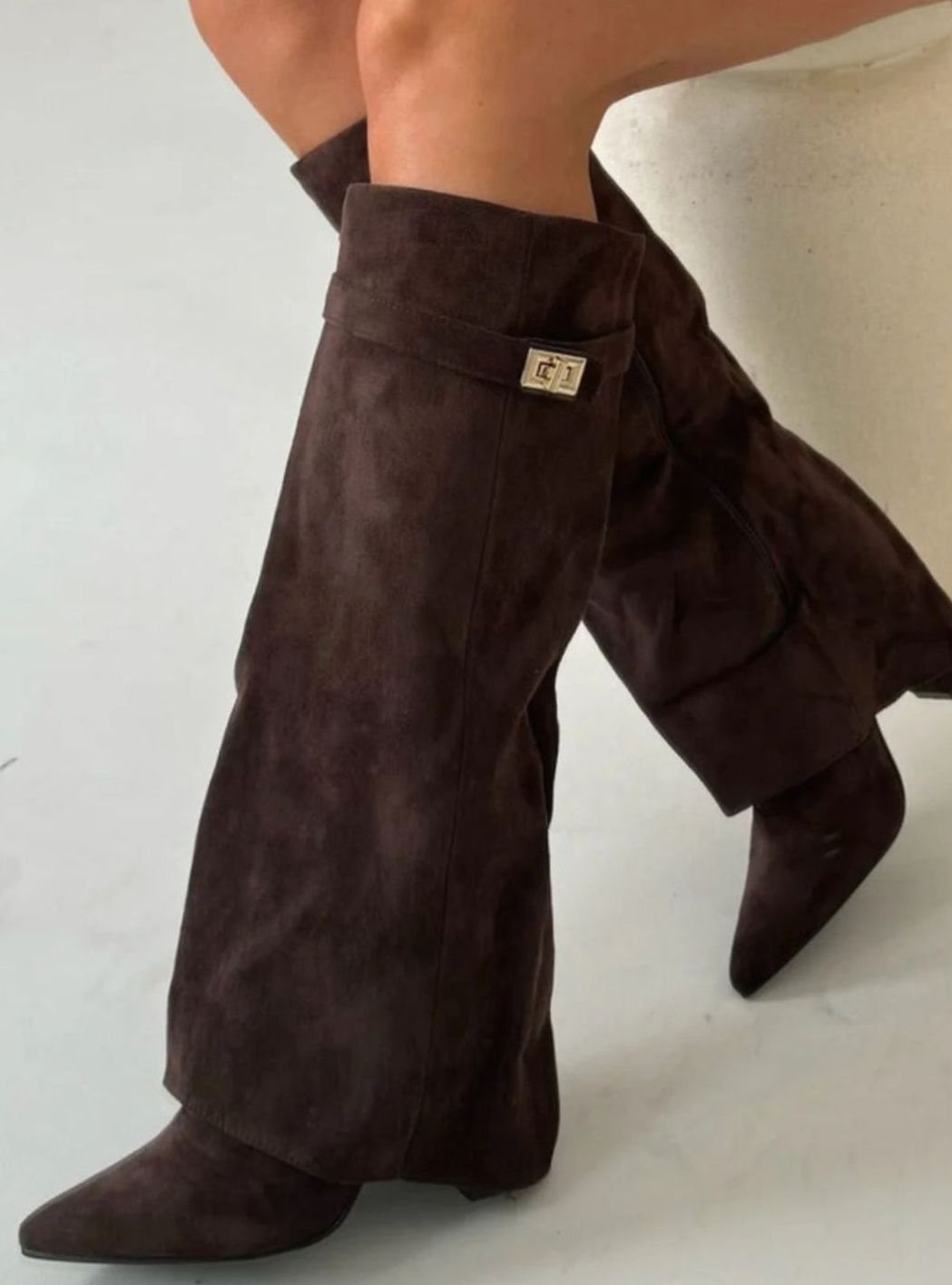 Marina | Women's Suede Thigh-High Boots Gold Buckle Pointed Toe