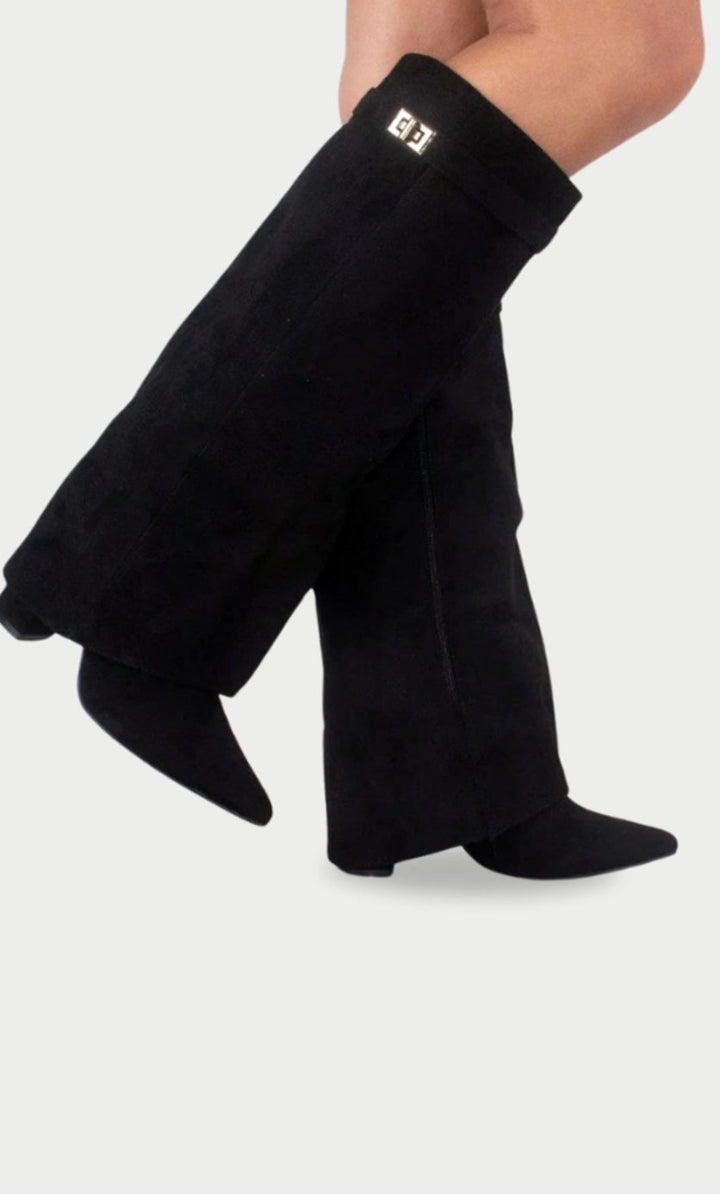 Marina | Women's Suede Thigh-High Boots Gold Buckle Pointed Toe