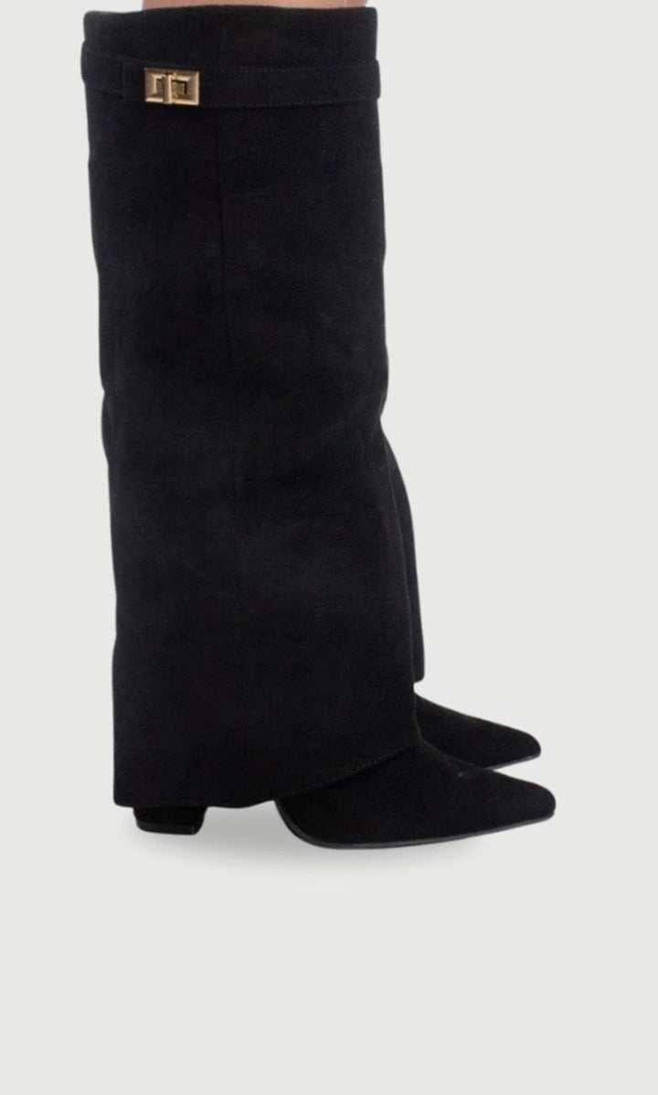 Marina | Women's Suede Thigh-High Boots Gold Buckle Pointed Toe