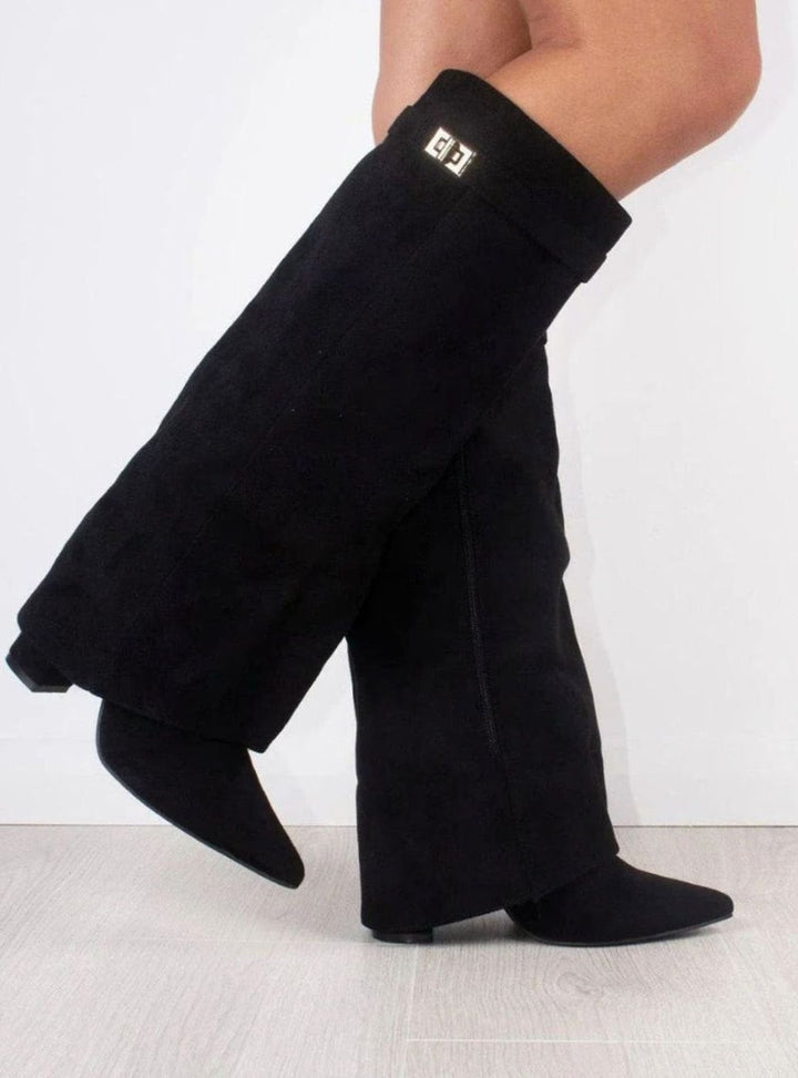 Marina | Women's Suede Thigh-High Boots Gold Buckle Pointed Toe