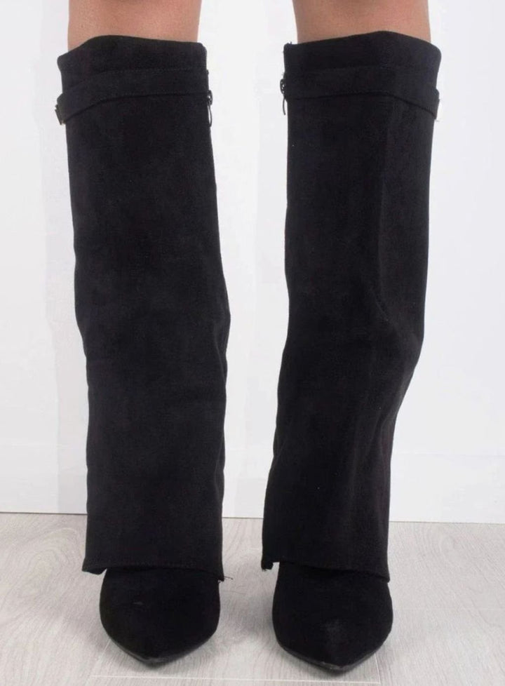 Marina | Women's Suede Thigh-High Boots Gold Buckle Pointed Toe