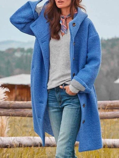 Women's longline textured hooded coat with button front and side pockets