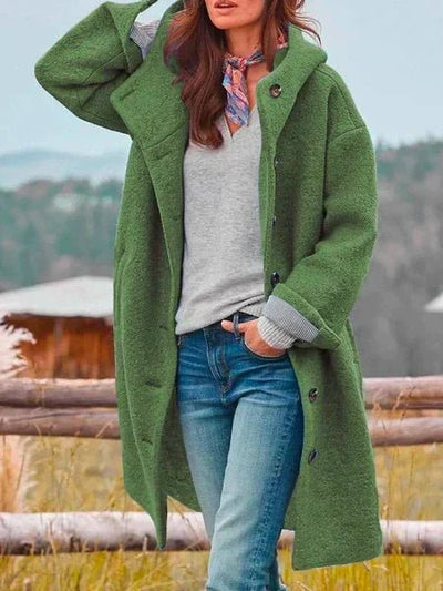 Women's longline textured hooded coat with button front and side pockets