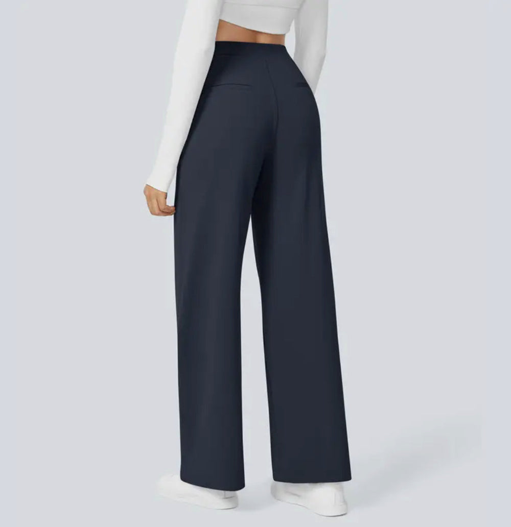 Women's high-waisted wide-leg full-length trousers shown in black and navy