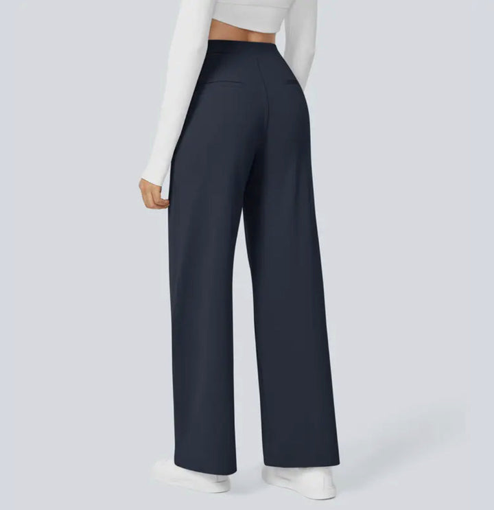 Women's high-waisted wide-leg full-length trousers shown in black and navy