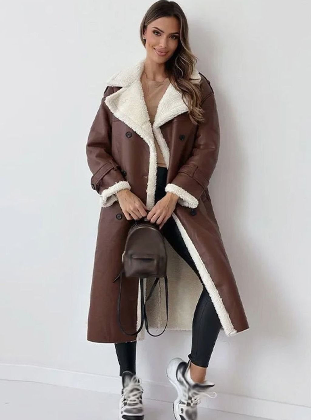 Mina | Women's Long Double-Breasted Faux Shearling Winter Coat