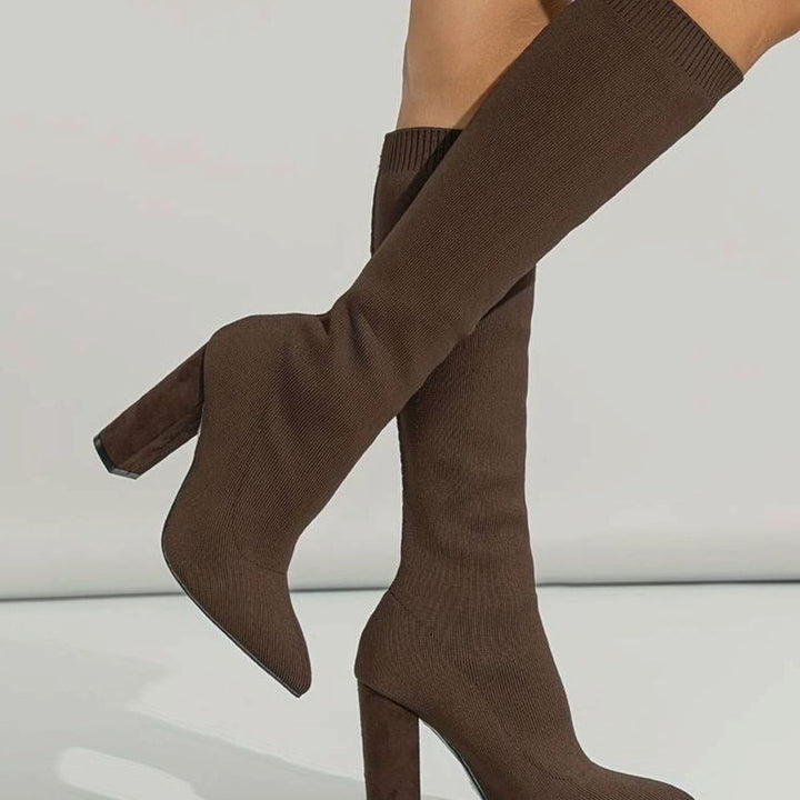 Miriam | Women's Knitted Knee-High Sock Boots Block Heel Pointed Toe