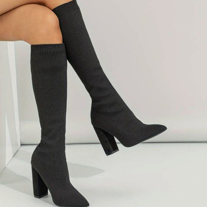 Miriam | Women's Knitted Knee-High Sock Boots Block Heel Pointed Toe