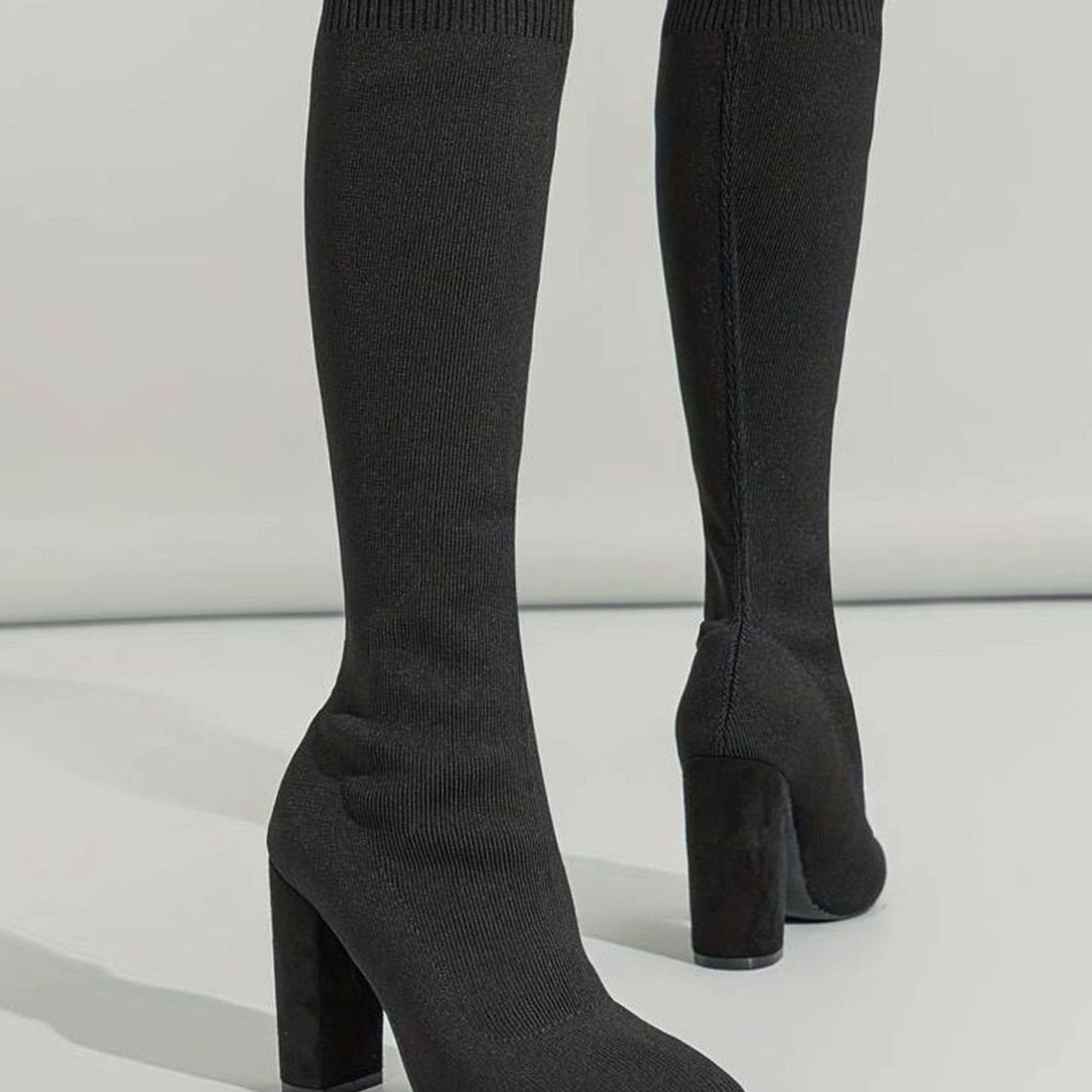 Miriam | Women's Knitted Knee-High Sock Boots Block Heel Pointed Toe