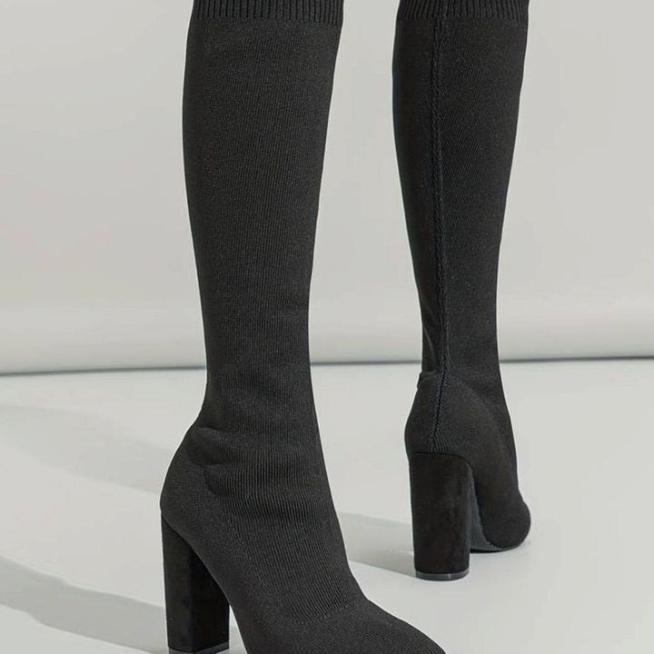 Miriam | Women's Knitted Knee-High Sock Boots Block Heel Pointed Toe