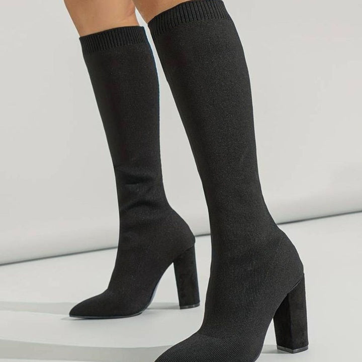 Miriam | Women's Knitted Knee-High Sock Boots Block Heel Pointed Toe