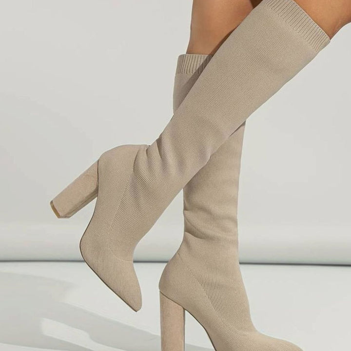 Miriam | Women's Knitted Knee-High Sock Boots Block Heel Pointed Toe
