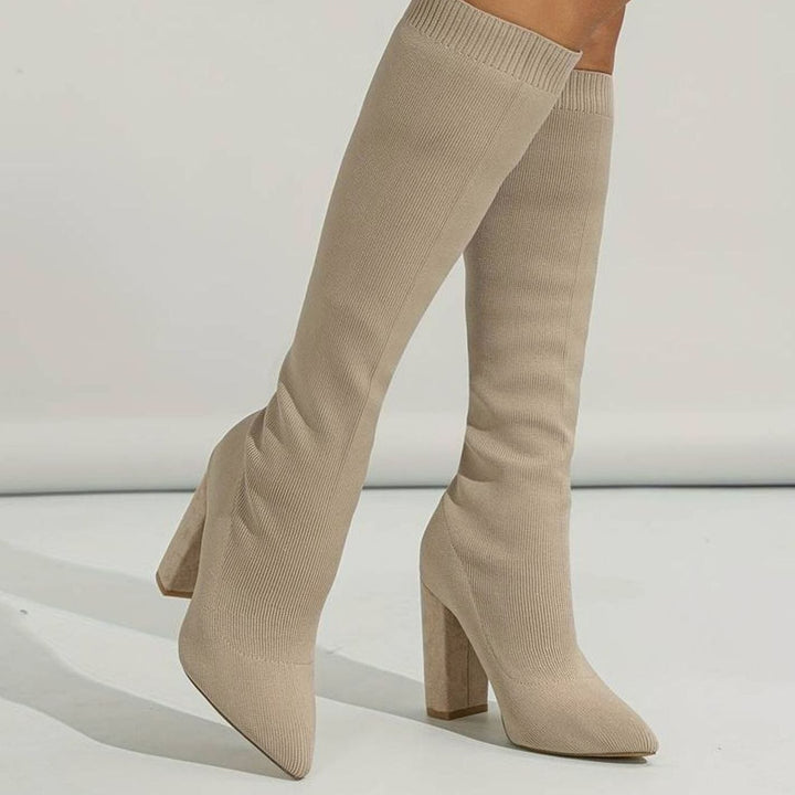 Miriam | Women's Knitted Knee-High Sock Boots Block Heel Pointed Toe