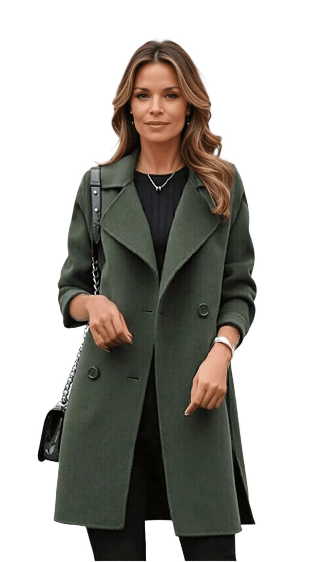 Women's double-breasted coat with notched lapel and long sleeves