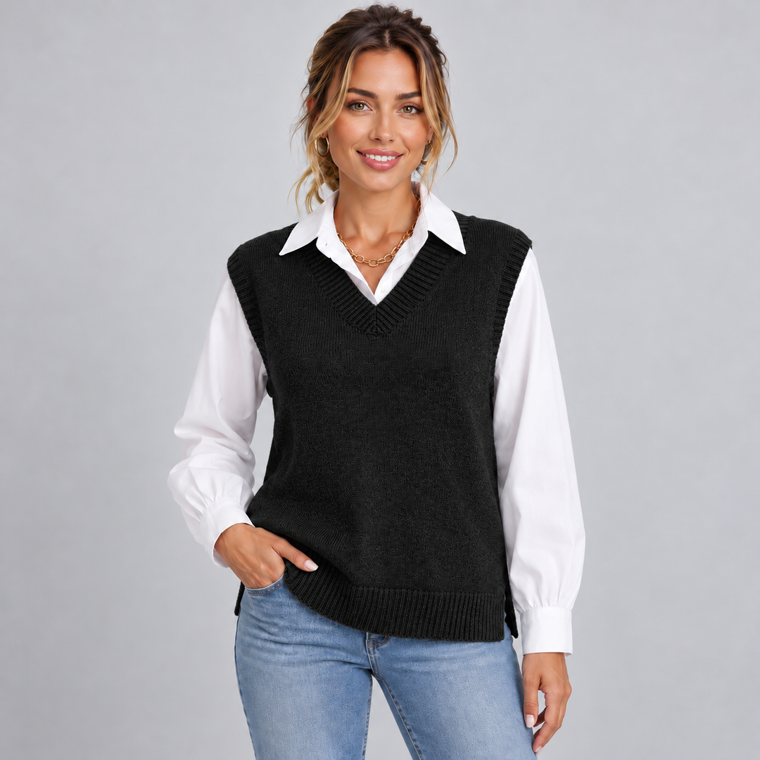Women's sleeveless textured knit V-neck sweater vest layered over a collared shirt