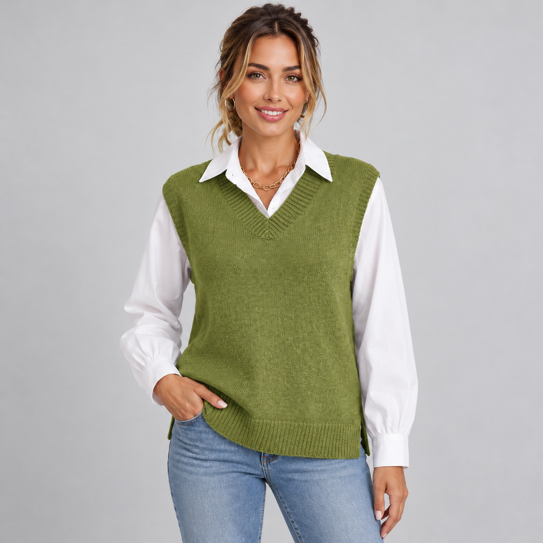 Women's sleeveless textured knit V-neck sweater vest layered over a collared shirt